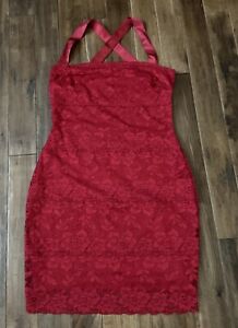 GUESS Los Angeles Red Sexy Mini Lace Cocktail Dress Size: L Crossover Straps