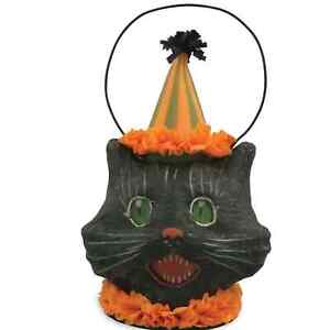 Bethany Lowe Sassy Cat Mini Bucket Halloween New Black Cat Paper Mache Lantern