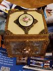Antique French  Jewlery Box Ornate Gold Floral Guilloche Painted Rose Jewel Box