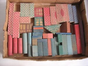 48 Pieces Vintage toy wood building blocks Printed & solid Architectural Germany
