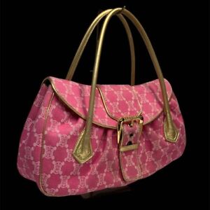Vintage Old CELINE Canvas Leather Tote Bag Shoulder Bag Triomphe Pink & Gold