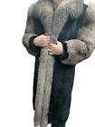 Black Mink and Silver Fox Trim Fur Coat Size M Black Mink Cuffs Pockets