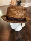 Brixton Brown Woven Straw Fedora Hat With Striped Band 7 1/4 M NWT