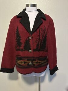 WOODED RIVER Clothing USA Wool Button Jacket Moose Aztec Tree Mountains Red sz.L