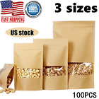 Stand Up Kraft Paper Food Bags Clear Window for Zip Gift Resealable Lock 100pcs