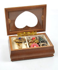 Vintage Wood Trinket Jewelry Box Heart Shape Cut Full of Pins Earrings Rings