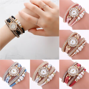 Luxury Women Ladies Weave Wrap Quartz Wrist Watch Diamond Bracelet Watches Gifts