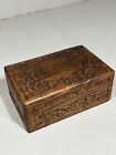 Vintage Hand Carved Wood Hinged Trinket Letter Box w/ Brass Inlaid Floral Top.