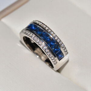 925 Sterling Silver Sapphire Crystal Rings Women Men Wedding Jewelry Size 5-10