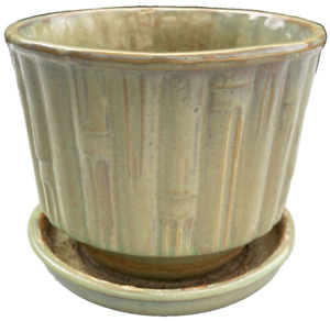 New ListingVintage McCoy 0374 USA Green Bamboo Planter Flower Pot With Attached Saucer