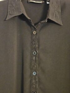 Sag Harbor 2 Piece Set Black Stitched Detail Button Up Tunic Elastic Pant Size L