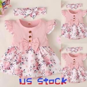 Newborn Baby Girl Floral Ruffle Ribbed Romper Jumpsuit Headband Outfit Clothes