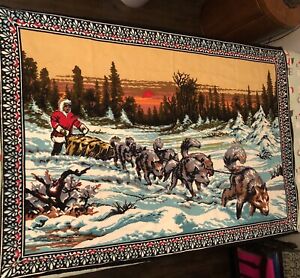 Large Vintage Dog Sled & Musher Tapestry,  58” X  39” Alaska  Winter Snow Sunset