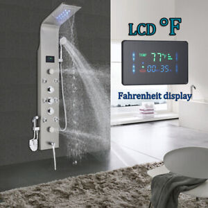 Brushed Nickel Shower Panel LED Rain&Waterfall Tower Massage Jets W/Hand Shower