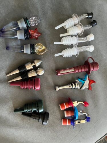 17 BOTTLE STOPPERS / TOPPERS Lot for WINE and LIQUOR -  PLASTIC and METAL