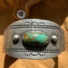 1900s Peyote Button Repousse Navajo Silver Ingot Persian Turquoise Cuff Bracelet