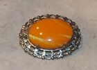 Vintage Oval Orange Stone Agate Silvertone Brooch Costume Jewelry