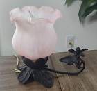 Vintage Wrought Iron Pink Glass Tulip Shade Lamp with Fairy Cherub on Leaf