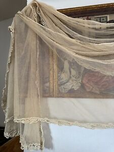 Antique French Cream Linen Lace Fishnet Embroidery 2 Hanging Drapes Early 1900’s