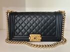 Pre-owned Authentic Chanel Le Boy Black Calfskin Old Medium Gold Chain GHW