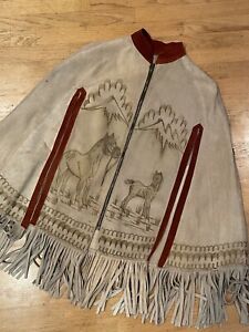 Vintage Suede Poncho Cape Suede Leather with Fringe 1970s? Western Wearable Art