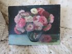 Old Vintage Antique FLORAL OIL PAINTING Pink White Chrysanthumums Mums Flowers