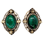 Vintage Faux Emerald Clip On Earrings Large Green Cabochon Mini Pearls 1.5