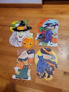 Lot 4 Vintage Halloween Diecut Die Cut Out Decorations Witch Scarecrow