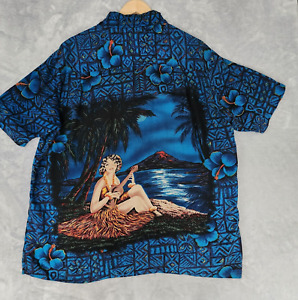 Kennington Vintage Hawaiian Shirt Mens Size Large Hula Girl Tiki Palm Ukulele