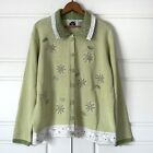 Storybook Knits Floral Embroidered Beaded Cardigan Sweater Size L Vintage Green