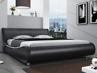 Leather Low Profile Sleigh Platform Bed Frame with Headboard, Glossy Black
