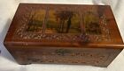 Vintage Cedar Wood Carved Jewelry Box with Mirror Decoupage Country Scene 11