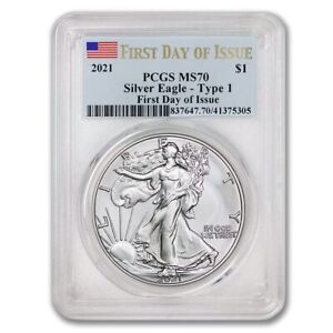 2021 $1 Silver Eagle Type 1 PCGS MS70 First Day of Issue 1oz FDOI coin Flag