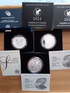 THREE 2021 silver eagles TYPE 1 TYPE 2 AND UNCIRCULATED