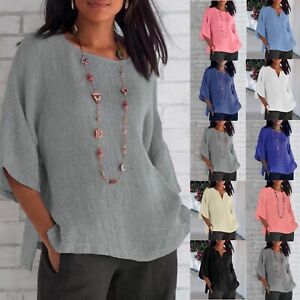 Plus Size Womens Cotton Linen Tunic Tops Baggy Plain Casual Loose T-Shirt Blouse