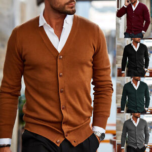 Mens Cardigan Sweater Autumn Winter Warm V-Neck Button Sweater Knitted Pullover/