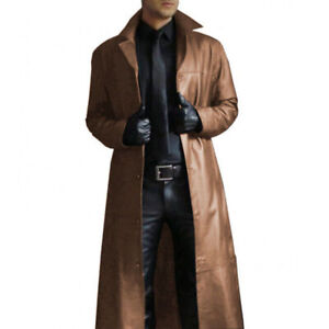 Men's Long Leather Trench Coat Genuine Lambskin Leather Outerwear Jacket Coat