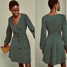 NWT ANTHROPOLOGIE Maeve Malta Green and White Dots Faux Wrap Belted Dress Medium