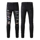 Men's Skinny fit Stretch Ripped Patches Sanding Washed Distressed Denim Jeans
