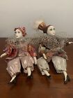 Pair Of Vintage Harlequin Jester Pierrot Posable Porcelain Dolls 8in