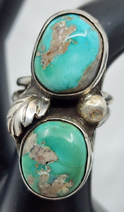 Double Stone Old Pawn Native American Sterling Silver Turquoise Ring Size 6.5