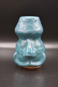 Studio Art Pottery Mustache Man Face Sculpture Cup Vase Teal Blue Signed 2008