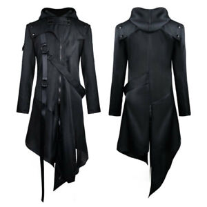 Gothic Men's Steampunk Trench Coat Punk Long Cosplay Black Jacket Outwear Hoodie