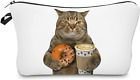 Cosmetic Bags for Women Small Funny Cat Holding Donut and Coffee Makeup Bag for