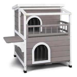 2-Story Outdoor Weatherproof-Wooden Cat House Condo Shelter With Escape Door