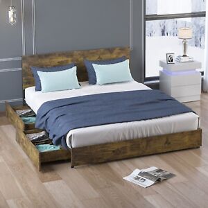 King Size Bed Frame with 4 Drawers and Headboard, Brown Bed Frame with Storage