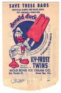 Vintage Donald Duck. Icy - Frost Twins Ice Pop Bag. 1950's N.O.S. Green Bay Wis.