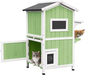 PetsCosset Cat House Outdoor Insulated Wood Cat Shelter with Openable Roof Green