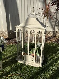 Victorian Domed Bird Cage Wooden & Wire Antique Style w/faux Plant Inside