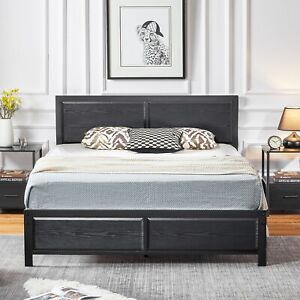 Twin Full Queen Size Metal Bed Frame Platform with Wooden Headboard Footboard